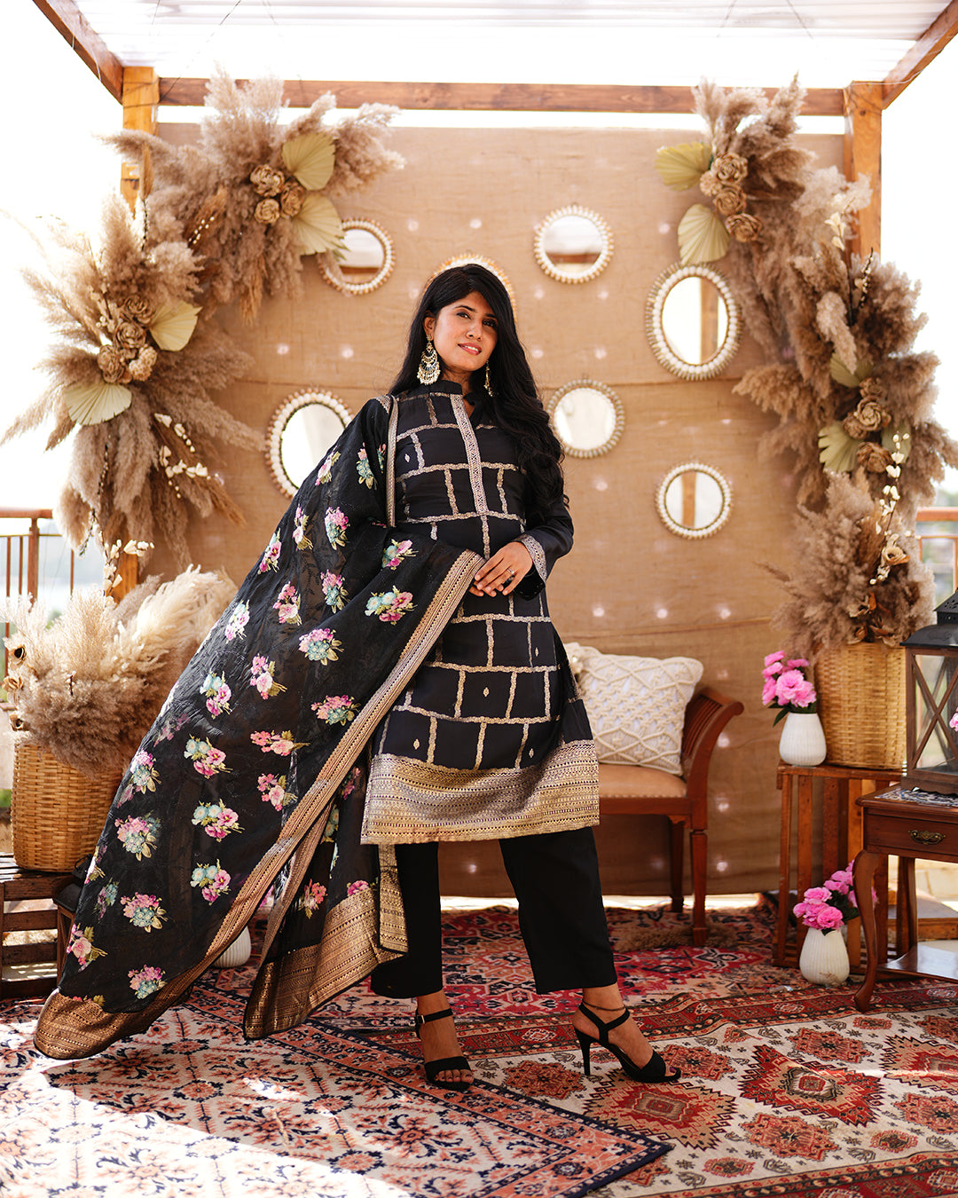 Metal black pure cotton silk weaving salwar kameez set