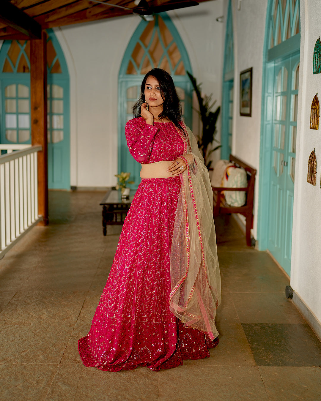 Deep pink Heavy embroidered lehenga set