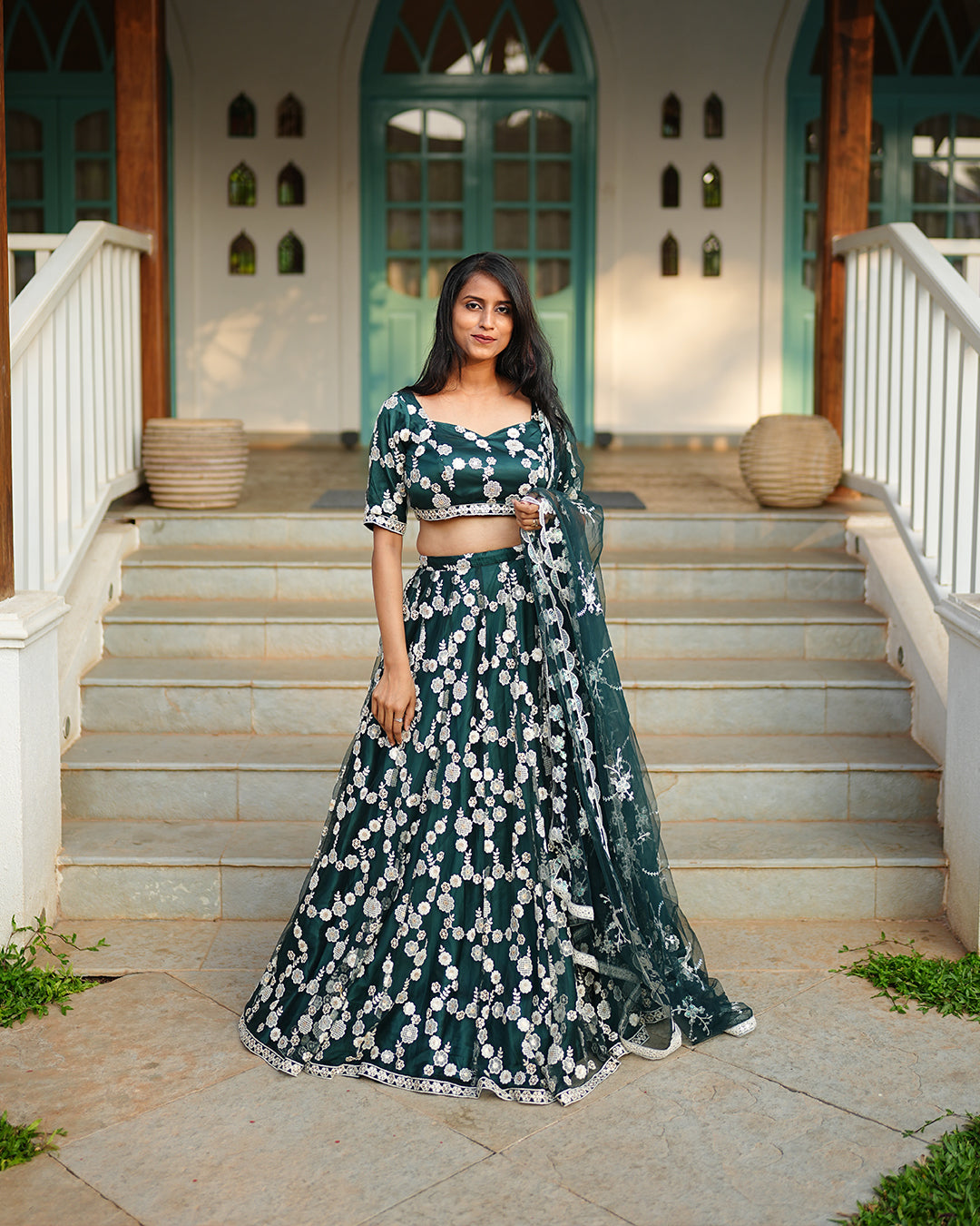 Dark Emerald green flower embroidered