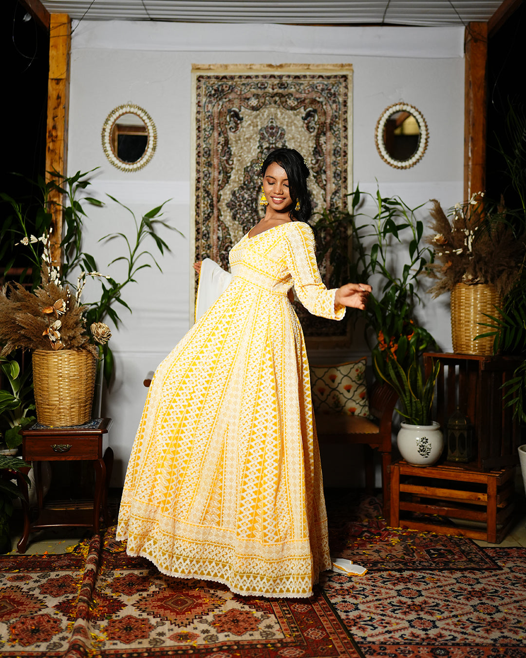 Lime yellow fox georgette chikankari anarkali