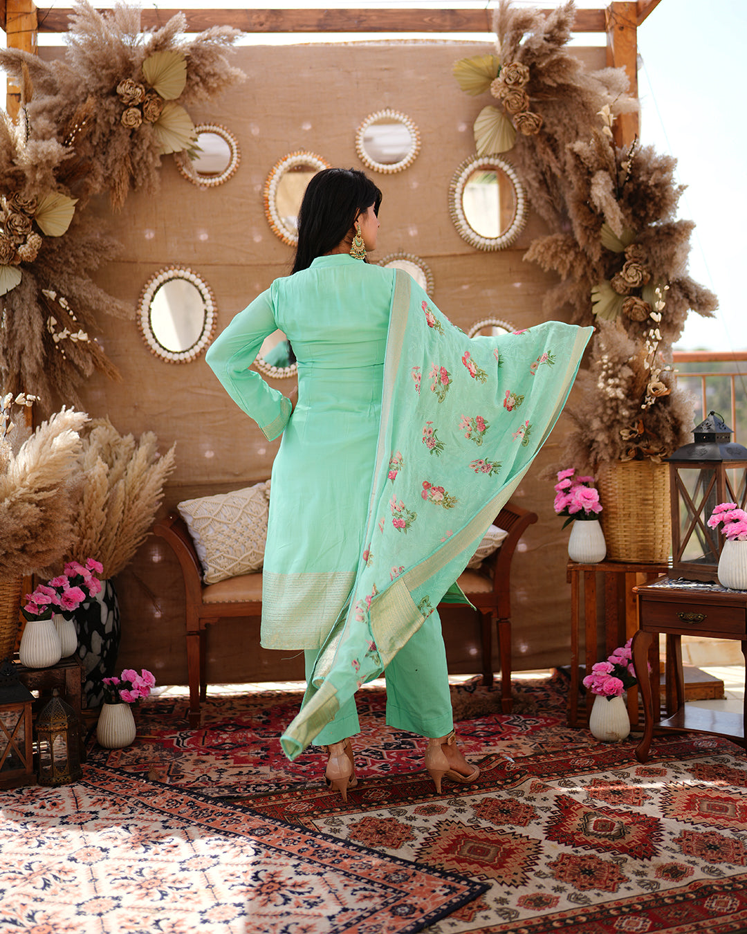 Metal mint green pure cotton silk weaving  salwar kameez set