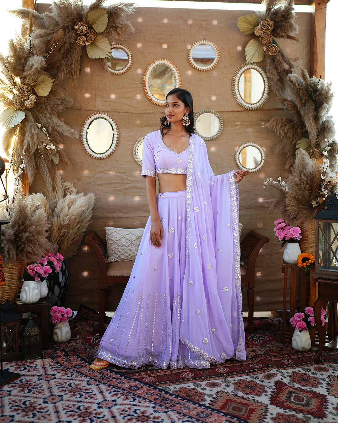 Lavender  Illusion Mirror cut work Lehenga