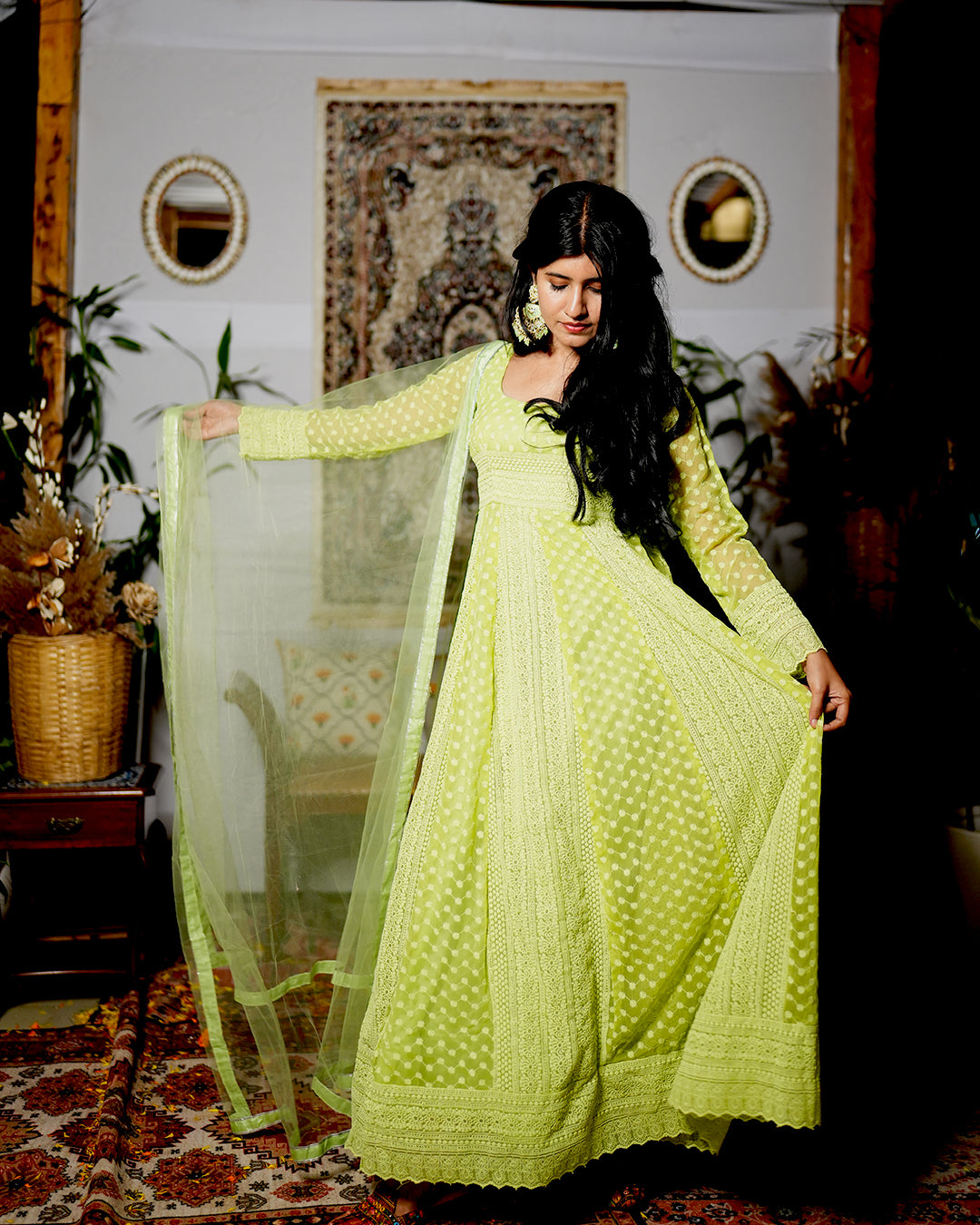 GREEN  GEORGETTE CHIKANKARI ANARKALI