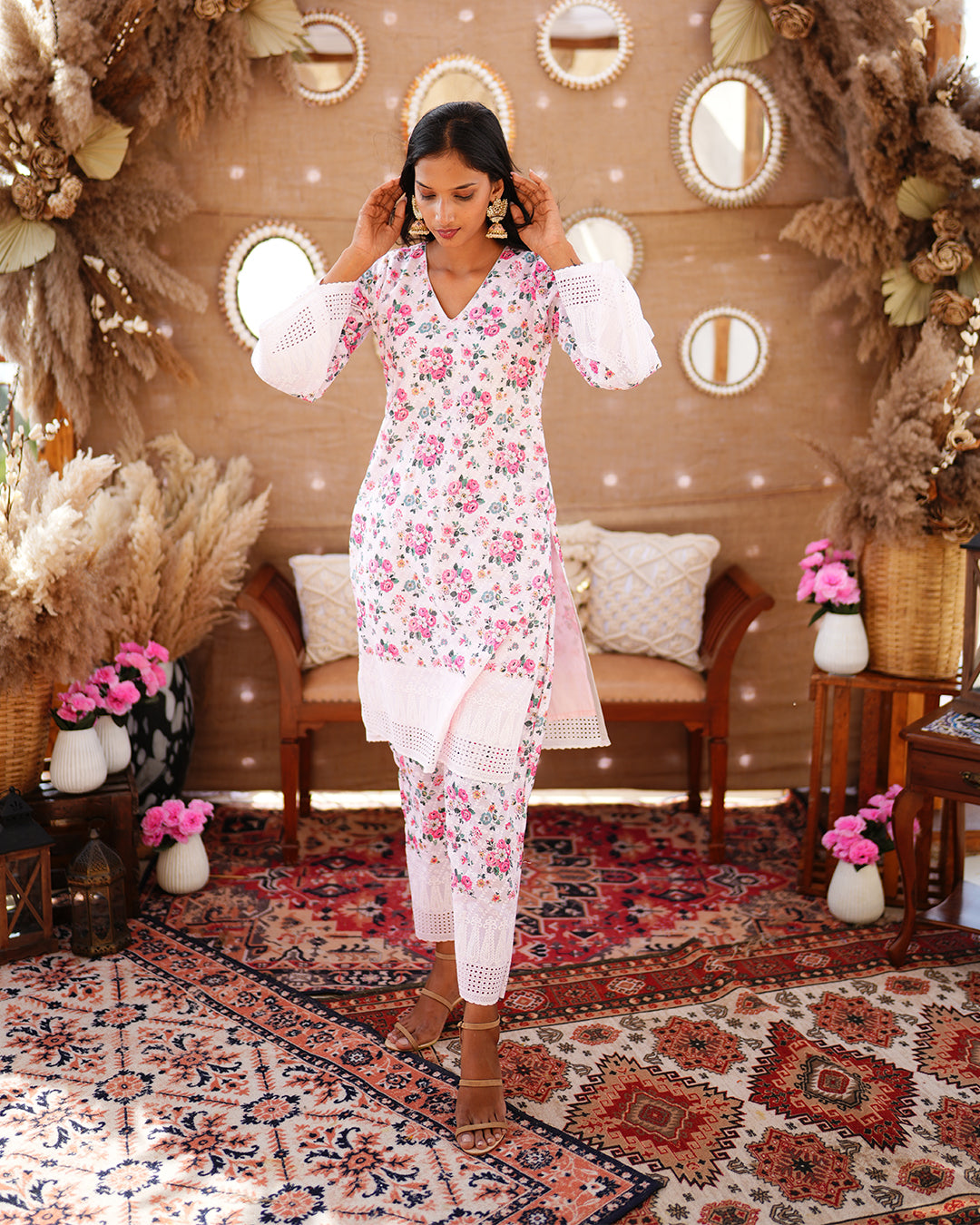 Powder Pink Cotton  Sequence Thread work salwar suit