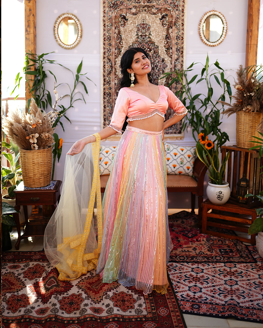 Multi colour Thread sequence work  lehenga