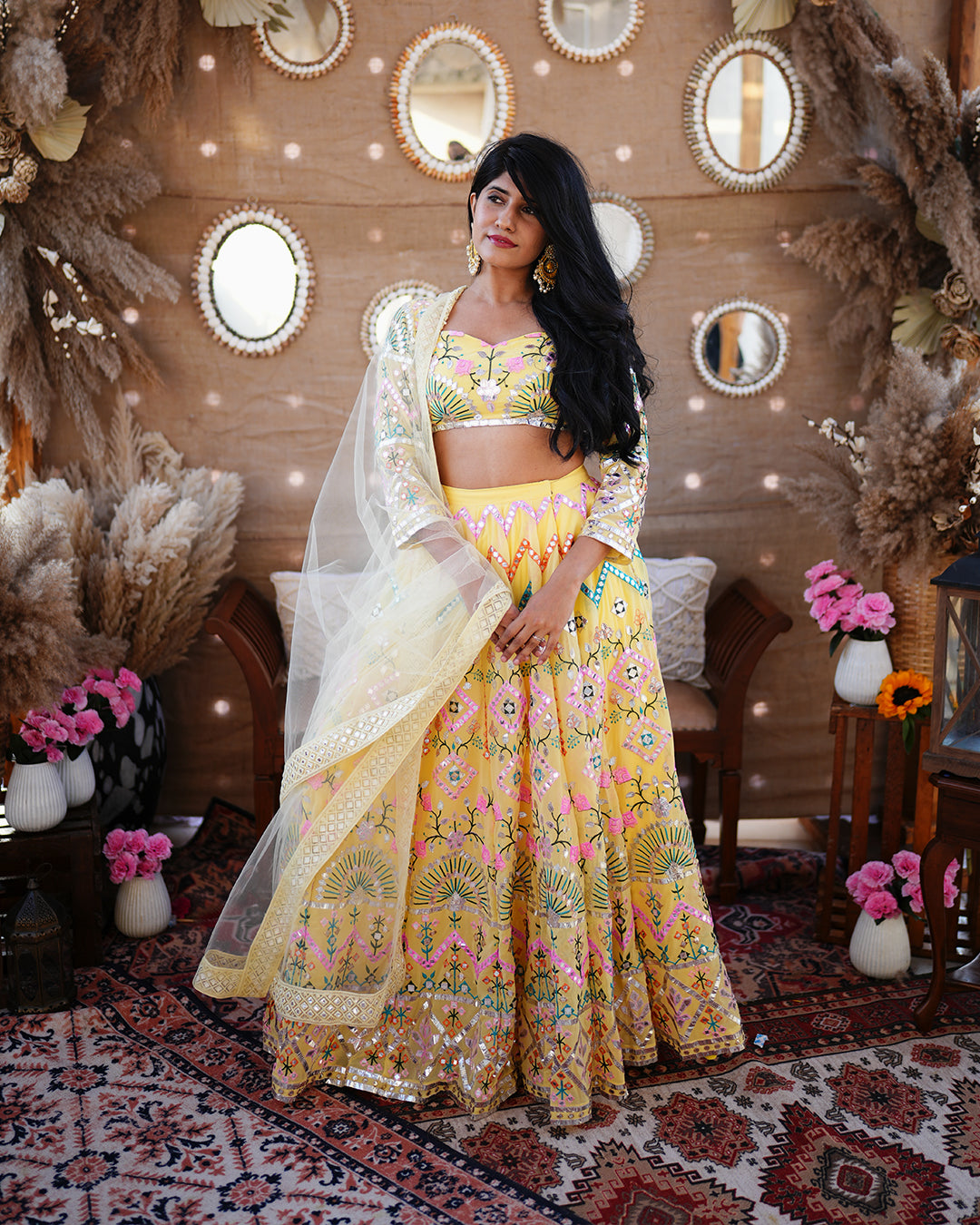 Banana Yellow  Foil mirror   work Lehenga