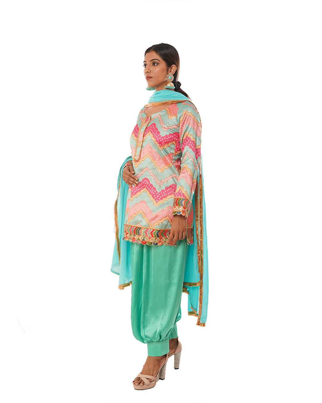 Mint Silk printed  Pathani salwar set